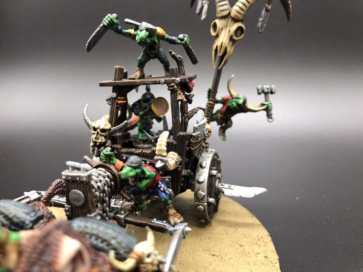MiraWoofWoof's tweet photo. The Gnoblars Are Going To WAR! WWAAAAAAAGGGGGGHHHH!!!!  This is the results of my conversion entry for my local Warhammer Store Anniversary contest This was soo much fun! Parts from seven kits in all used to create this war machine haha! #WarhammerCommunity #PaintingWarhammer https://t.co/1p6AcWRcuw