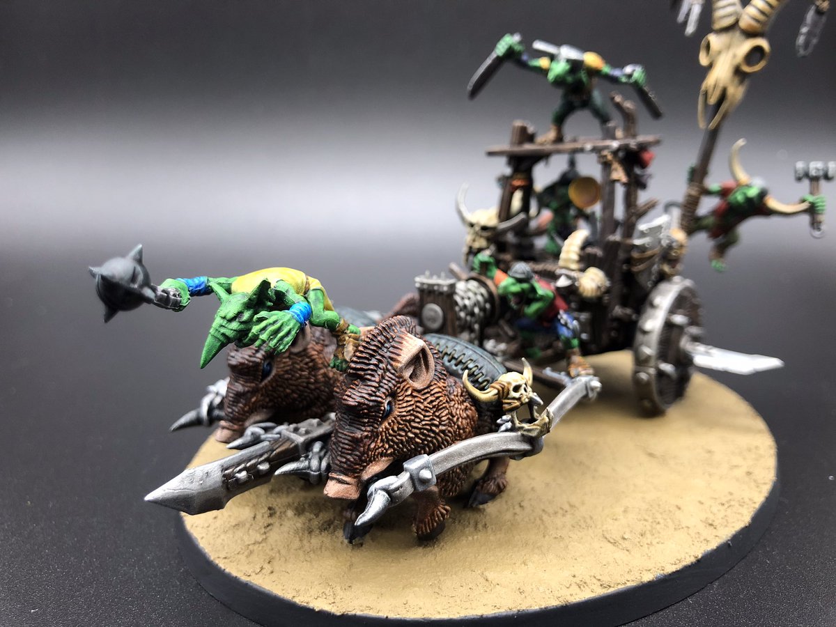 MiraWoofWoof's tweet photo. The Gnoblars Are Going To WAR! WWAAAAAAAGGGGGGHHHH!!!!  This is the results of my conversion entry for my local Warhammer Store Anniversary contest This was soo much fun! Parts from seven kits in all used to create this war machine haha! #WarhammerCommunity #PaintingWarhammer https://t.co/1p6AcWRcuw