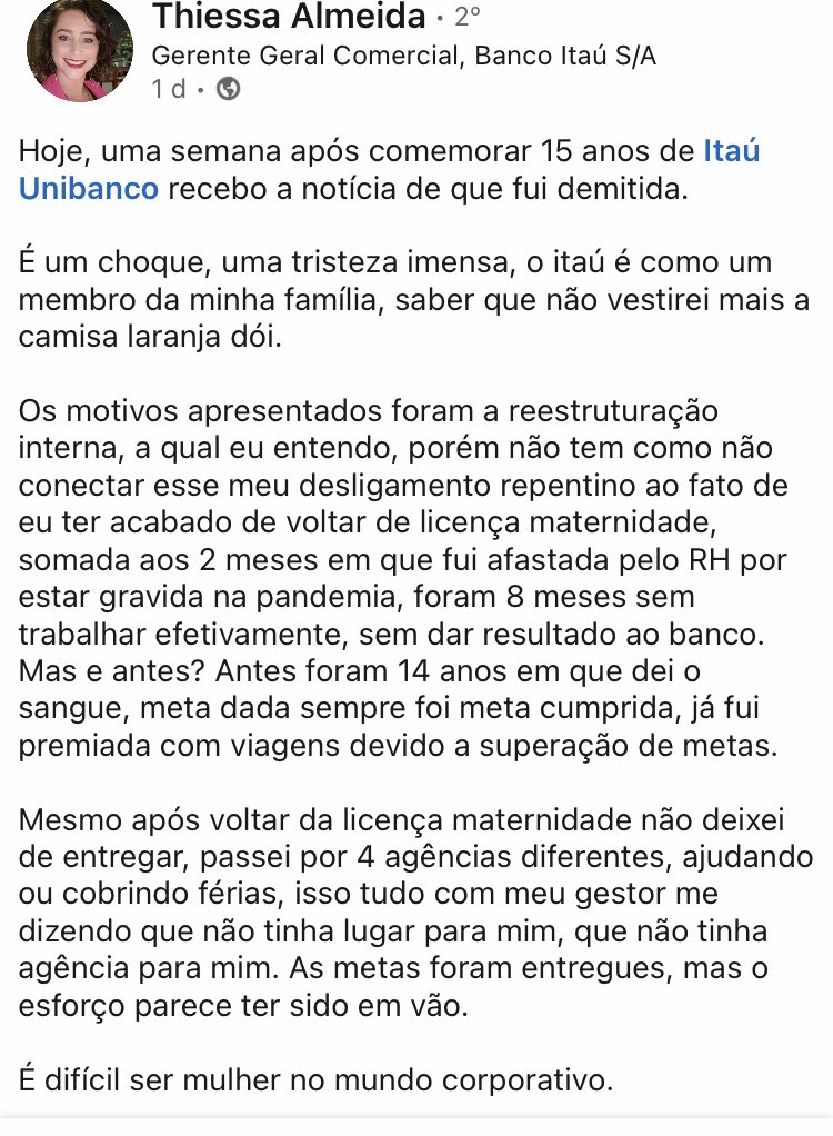Primeira sinceridade que vejo no LinkedIn. E como o mundo corporativo pode ser injusto com mulheres/mães.
