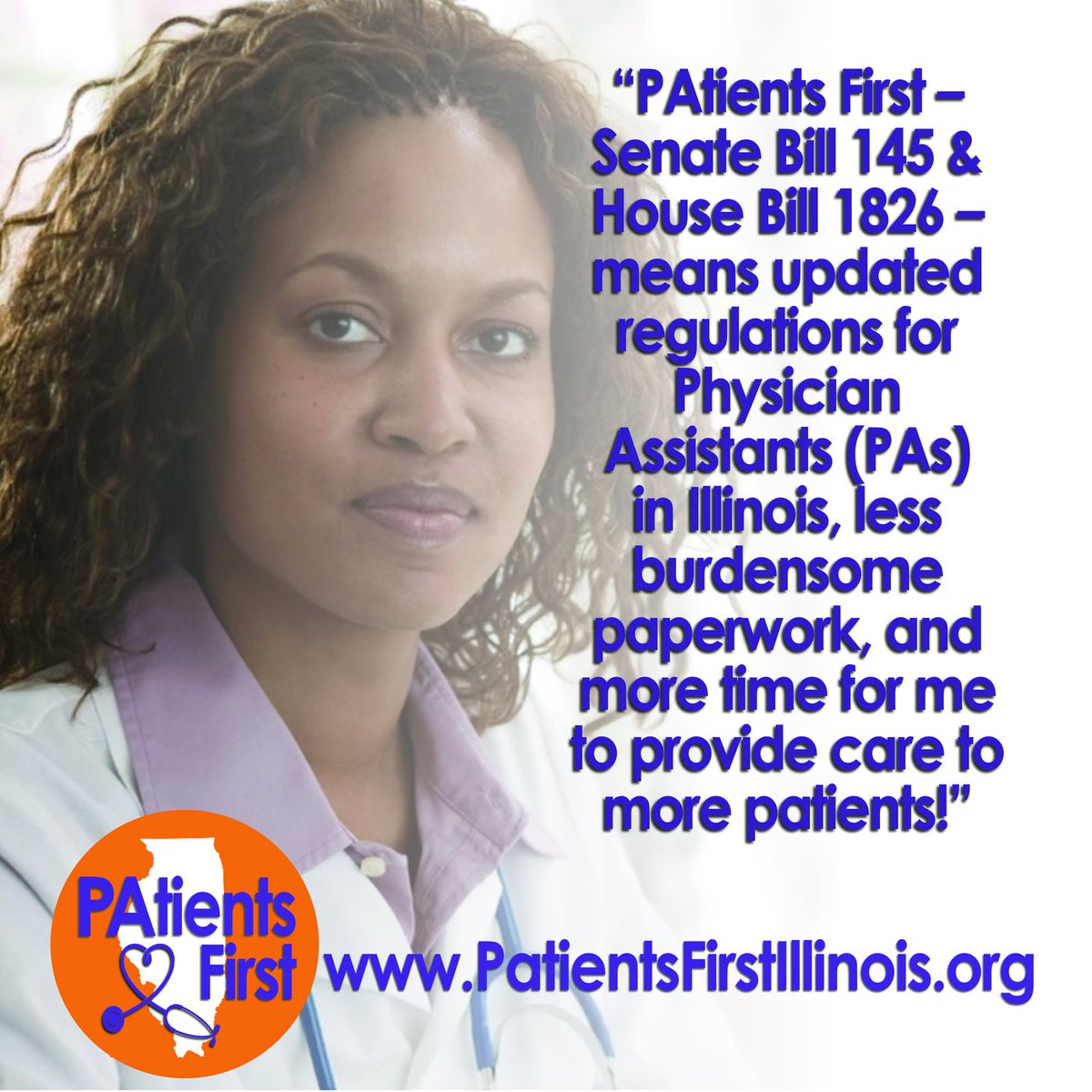 PatientsFirstIL's tweet photo. Physician Assistants (PAs) in Illinois spend too much time on burdensome paperwork to meet outdated laws. Let's modernize practice regulations and put PAtients First! by passing Senate Bill 145 and House Bill 1826! 
https://t.co/hptJmR3mYU https://t.co/G0hQysMEvw