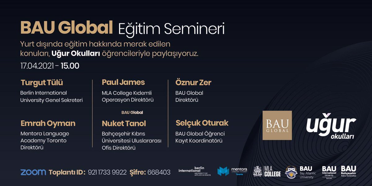 Yurt dışında eğitim hakkında merak edilenler 'BAU Global Eğitim Semineri'nde konuşulacak!

17 Nisan Cumartesi günü, saat 15.00'te düzenlenecek bu semineri kaçırmayın! 🚀

Katılım linki 👉🏻 zoom.us/j/92117339922?…

<a href="/bauglobal/">BAU Global</a> 
@bahcesehiruniversity