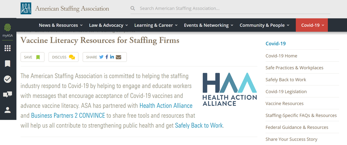 StaffingTweets's tweet image. ISO resources to engage/inform your workforce about the #Covid19vaccine? We offer a variety of tools to advance vaccine literacy to contribute to strengthening public health &amp;amp; getting people #SafelyBacktoWork bit.ly/ASACovidVacRes @healthaction @BP2CONVINCE