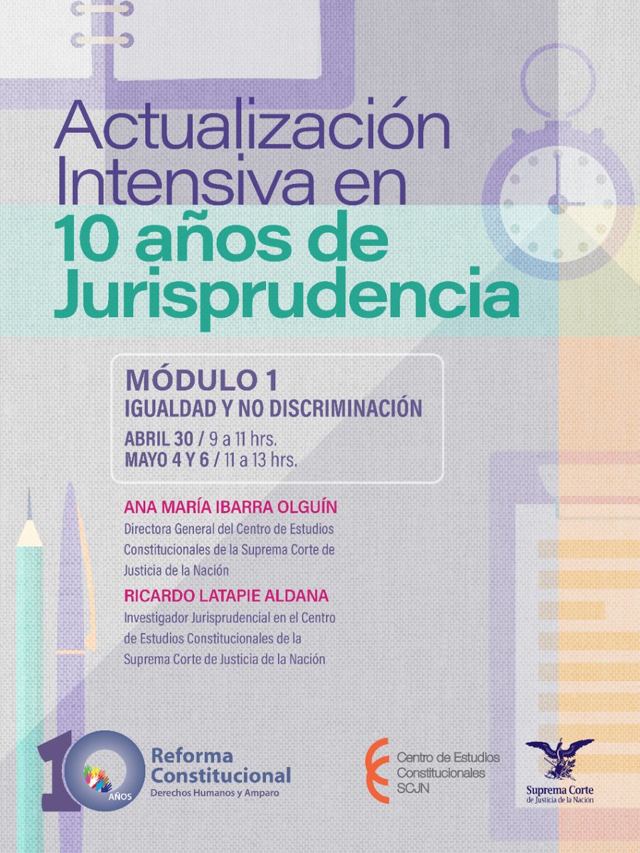 CECSJ_SCJN's tweet photo. #10AñosDDHH

📢Actualización intensiva en 10 años de jurisprudencia

No te pierdas el módulo sobre Igualdad y No Discriminación, el cual será impartido por Ana María Ibarra @anamariaibarrao y Ricardo Latapie @Rckardo

Registro: https://t.co/exaY4NWjap
Cierre del registro:20-abril https://t.co/a2naLp2Whi