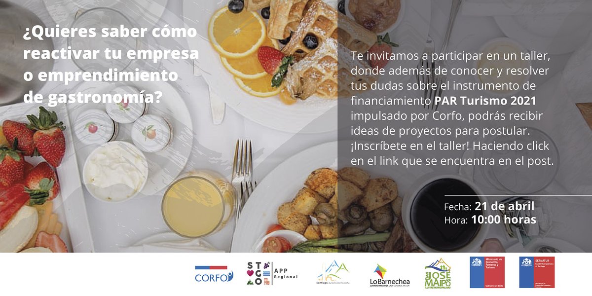 🍽️🥂 Empresarios y emprendedores gastronómicos del #turismo, este miércoles 21 de abril <a href="/andesstgo/">Andes Santiago</a> les contará todo sobre el PAR Impulsa #Turismo 2021 para recuperar el potencial productivo y de trabajo.💲
💻📲 Inscripciones en 👉docs.google.com/forms/d/e/1FAI…