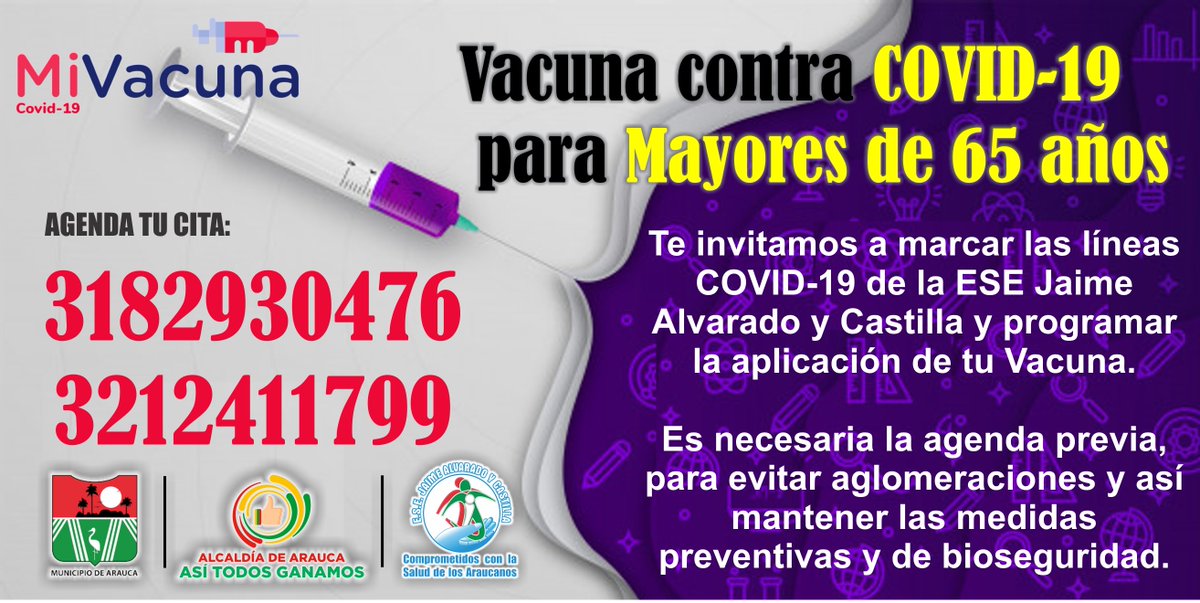 #VacunaciónCOVID19 #MayoresDe65Años | Llama y agenda tu cita para evitar aglomeraciones y así mantener las medidas de bioseguridad. esejaimealvaradoycastilla.gov.co/noticias/vacun…