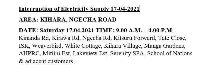 KenyaPower_Care's tweet photo. Good evening,
The following areas are on maintenance tomorrow, Saturday 17th April 2021.^MM https://t.co/1JFAww4v9x