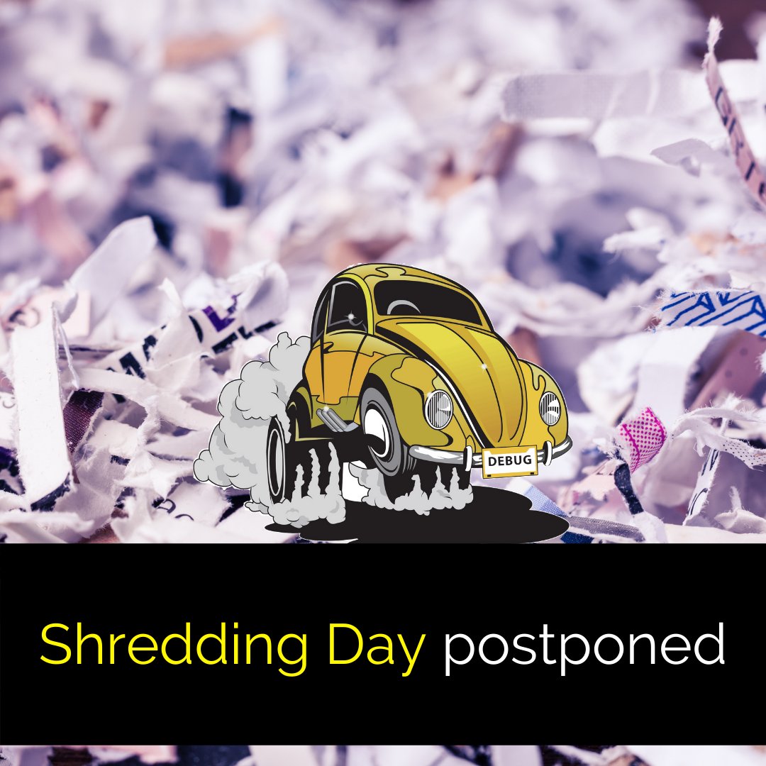 debugcomputer's tweet image. Unfortunately, our annual Shredding Day will be postponed until further notice. Please follow us for future updates on when we re-schedule this event. We ask everyone to continue to stay safe online.