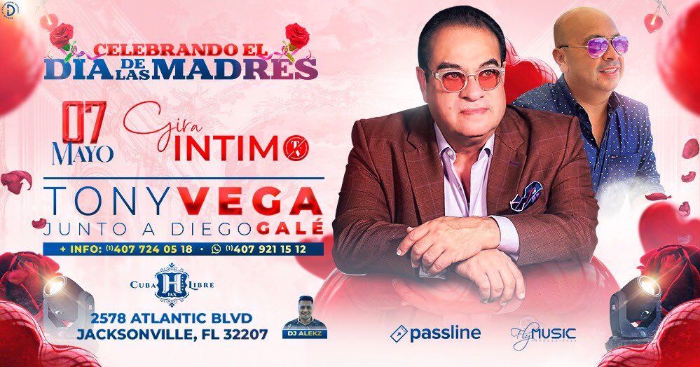 Prepárate #jacksonville que llega la mejor #SalsaRomantica con Tony Vega y La Orquesta de Diego Galé para rendirle homenaje a #mamá en Cuba Libre Bar, no te lo puedes perder: 

📲+1(786) 340-1728 

Ya puedes adquirir tus entradas en passline.com