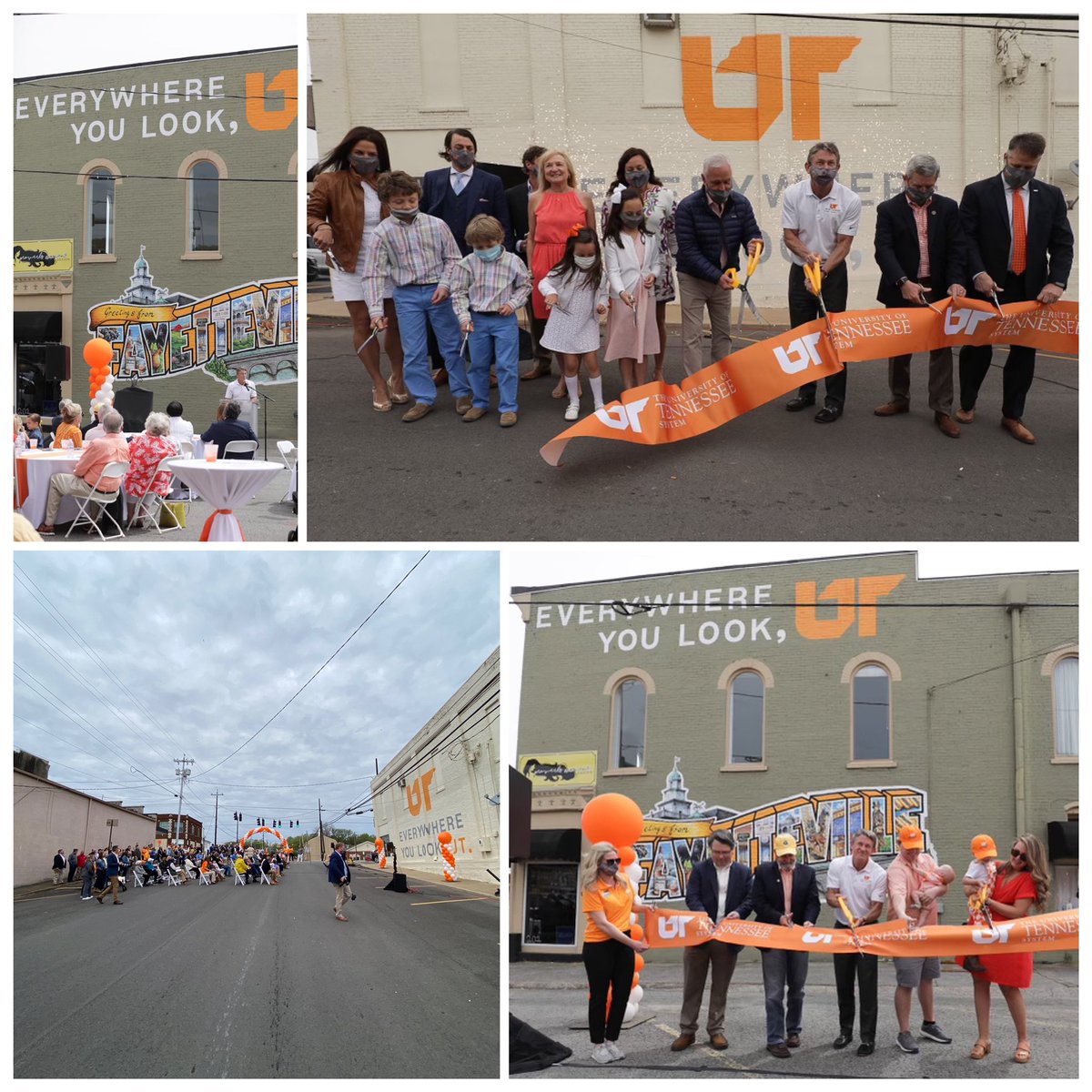 UT_President's tweet photo. Southern Middle TN got a lot more orange today! We’re so thankful to the Carpenter & Bartlett families for joining the #UTmurals campaign. Today we dedicated our new murals in Giles & Lincoln counties & we couldn’t be more excited about UT’s future in this region.
#EverywhereUT https://t.co/CJTuVd44Dw