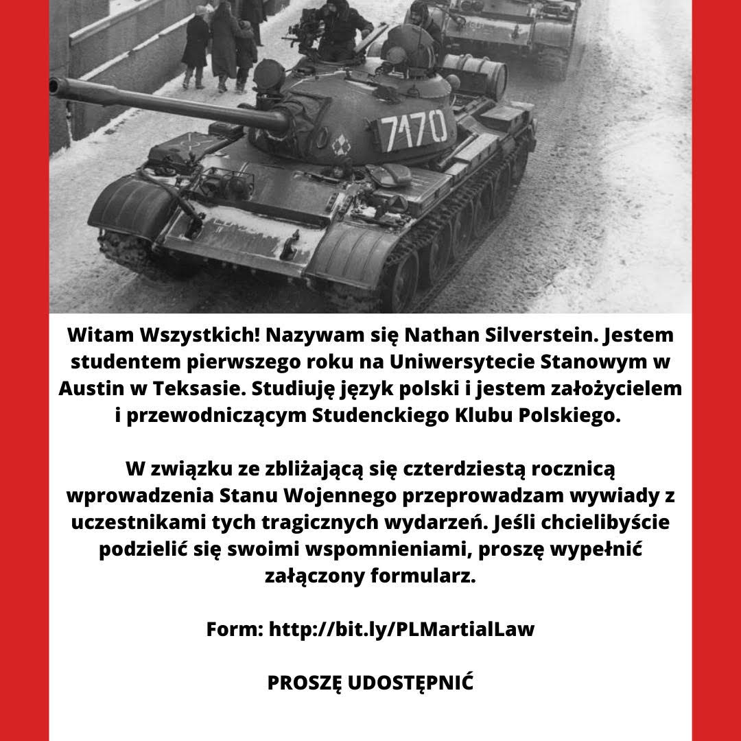 PolishAmerTx's tweet photo. Our PACT Youth Vice President, Nathan Silverstein, a student at UT Austin, is documenting the experiences of survivors of Poland's years under martial law. YOU can help by contacting him today. https://t.co/ihmbjTWLaG
#polishtexans #pactx #PLMartialLaw https://t.co/j1vFh8wWV3