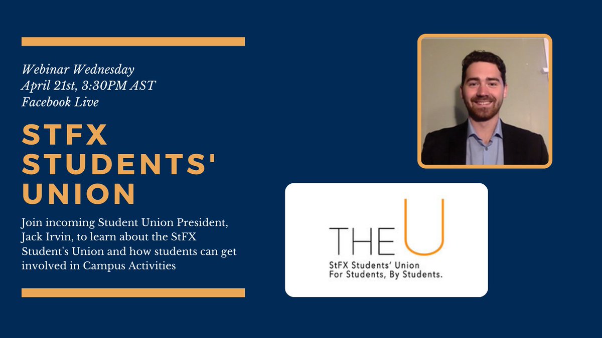 StFXHeather's tweet photo. Incoming Students' Union President Jack Irvin will join @StFXGreg &amp; @StFXLucas on this week's Webinar Wednesday. Tune in on April 21st on the @stfxuniversity Facebook Page to learn about all of the different aspects of the Students' Union. https://t.co/tHYlkDC8Lh