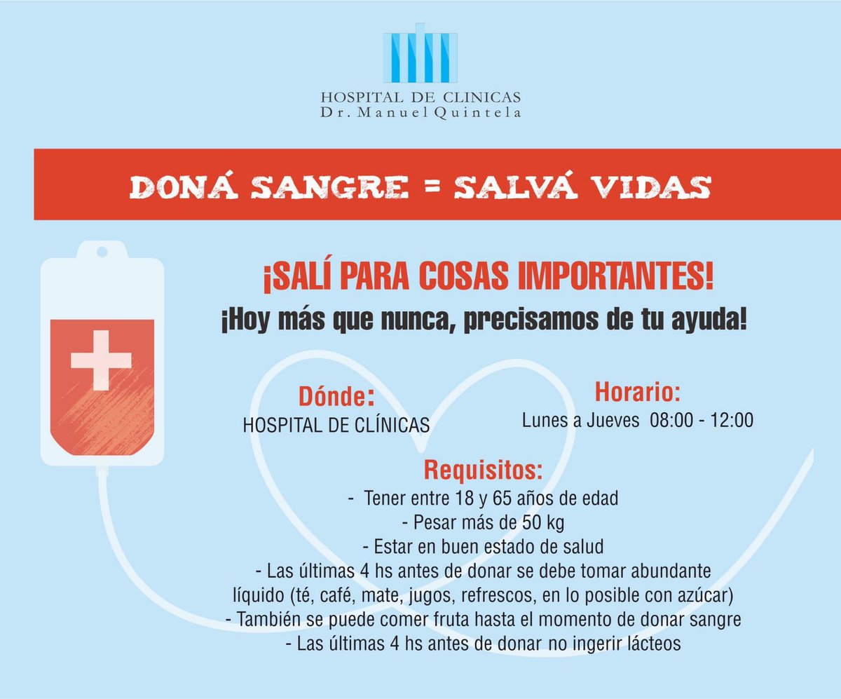 🙌  Donar sangre salva vidas.

Compartimos la convocatoria del Hospital de Clínicas Dr. Manuel Quintela para la donación de sangre.

➡ ¿Dónde donar? Hospital de Clínicas. 
➡ Cuándo? de lunes a jueves de 8:00 a 12:00 hs.