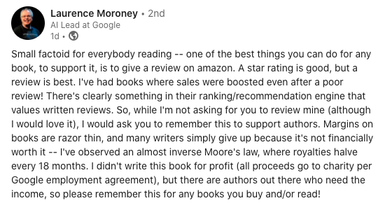 Worth sharing. If you're an author consider a thoughtful review in support of another author's book. It makes a difference.