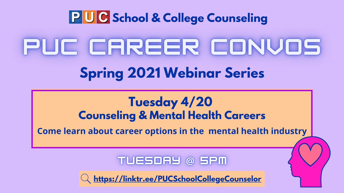 Join us for the upcoming webinar to learn about career options in the mental health industry!

linktr.ee/PUCSchoolColle…

Únase a nosotros para el próximo seminario web para conocer sobre las opciones profesionales en la industria de la salud mental!