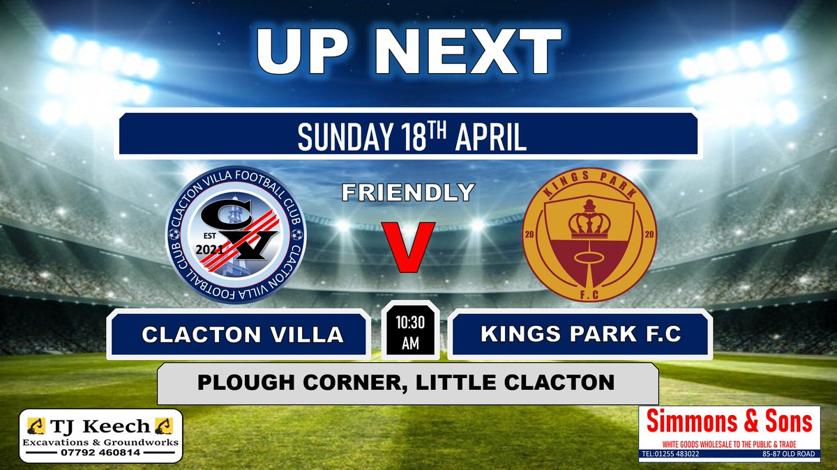 ClactonVillafc's tweet photo. ⚽SUNDAY 18th APRIL FIXTURES

Clacton Villa F.C Vs @KingsParkFC1 

🗓️ 18th April 2021
🕙 K.O 10:30am
🏟 Plough Corner, Harwich Rd, Little Clacton, Clacton-on-Sea CO16 9ND https://t.co/1mzb1Wrm0d