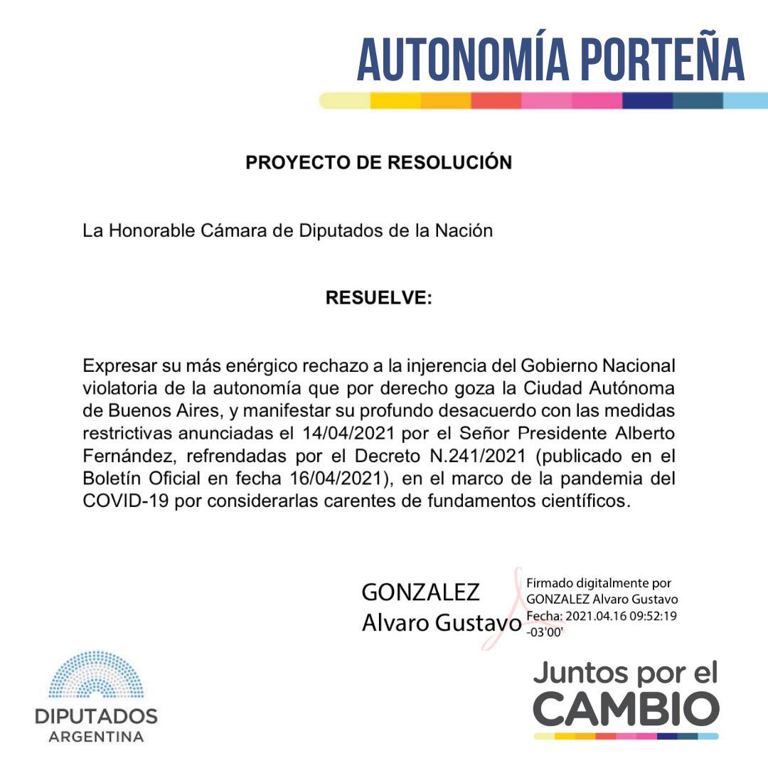 _alvarogonzalez's tweet photo. Como diputado elegido por los ciudadanos de Buenos Aires presenté en @DiputadosAR un #ProyectodeResolución para manifestar mi desacuerdo al ataque sistemático del Gobierno Nacional a la #autonomía de la Ciudad de Buenos Aires. Sus embates son de gravedad institucional inusitada. https://t.co/zQEjWVrGox