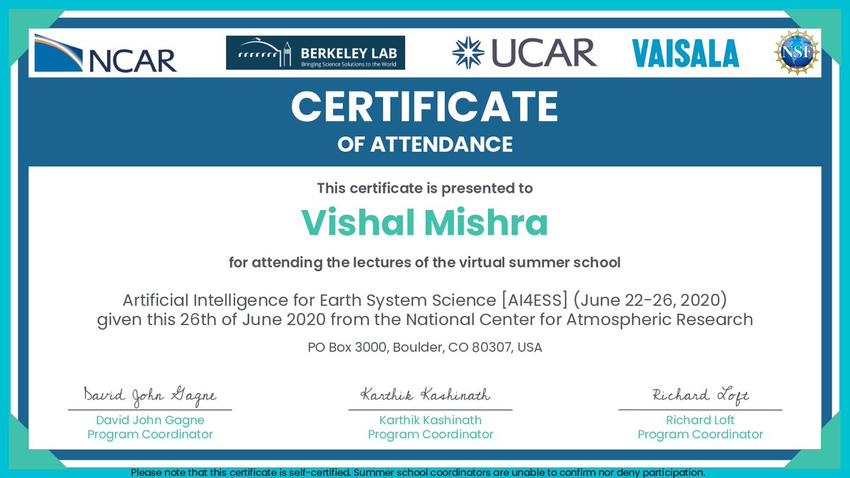 today received my certificate of a summer school #AI4ESS which was held in June 2020.
Happy to share here.
#AI #EarthSystemScience #MachineLaearning