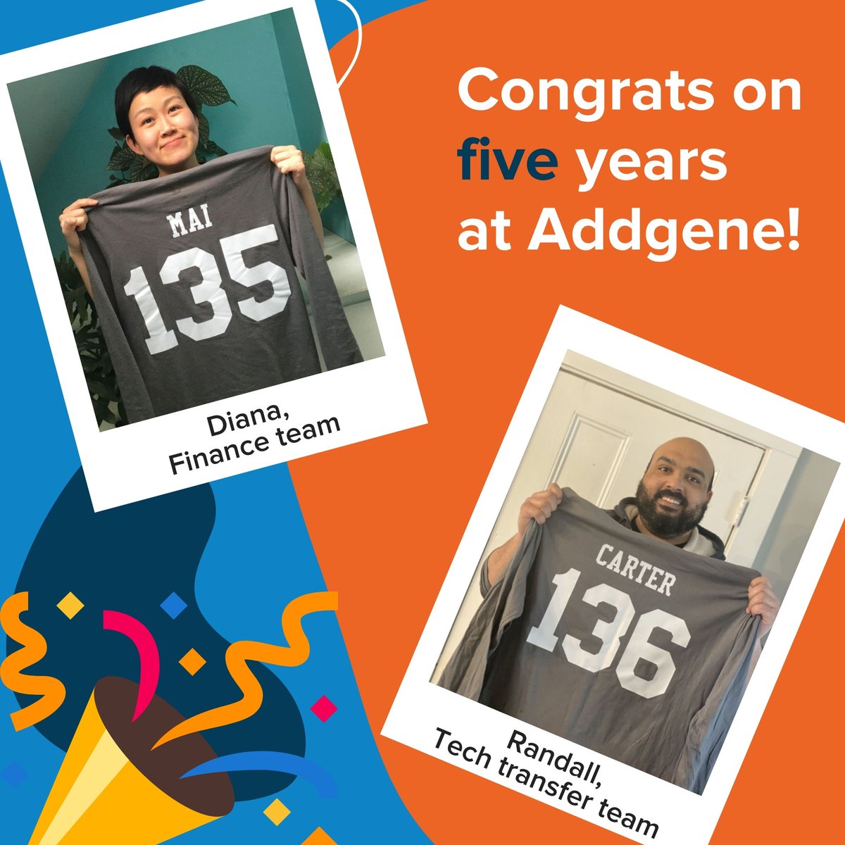 Addgene's tweet photo. This week, two Addgenies reached their five year work anniversary! Congratulations to Diana on the finance team, and Randall on the tech transfer team 5οΈβ£π #WorkAnniversary #LifeAtAddgene https://t.co/PvjcCYaToU