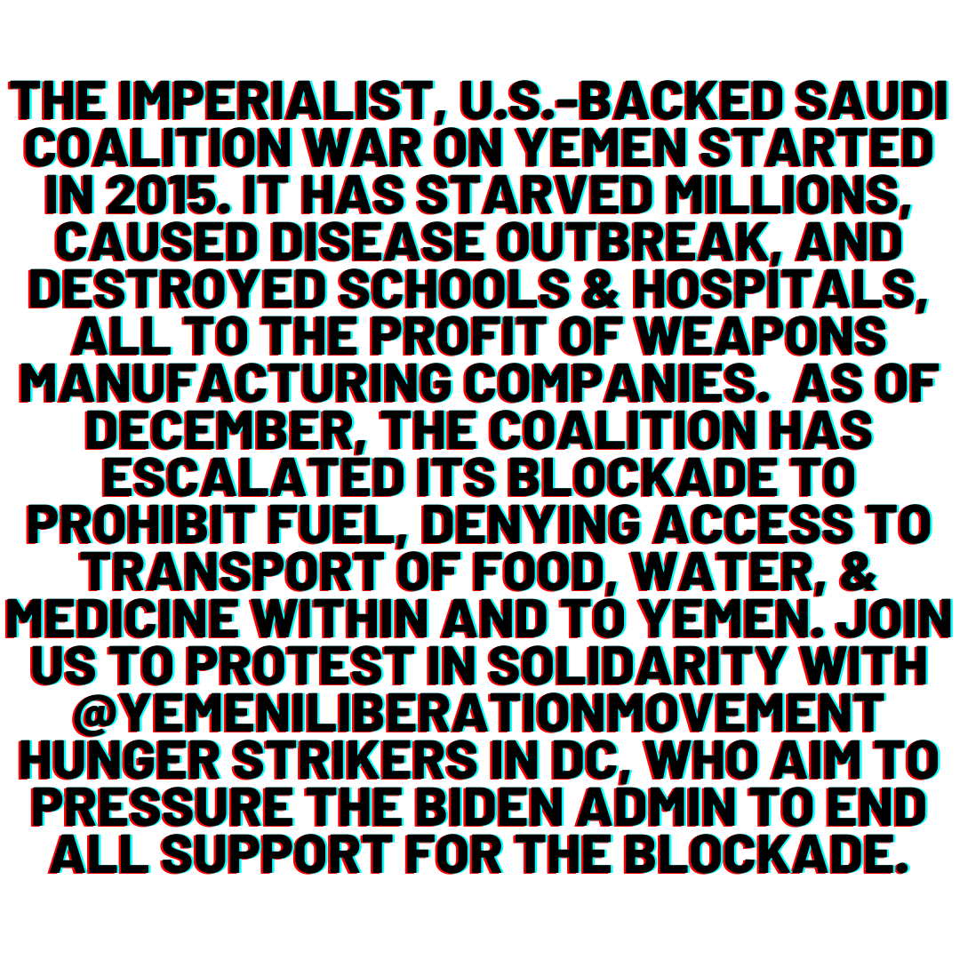 🚨All out for Yemen 🚨 Join PYM LA-OC-IE chapter for an action in solidarity with <a href="/LiberateYemen/">#SaveSheikhJarrah - Yemeni Liberation Movement</a> TOMORROW at noon, demanding an end to all US support for the Saudi-led blockade!