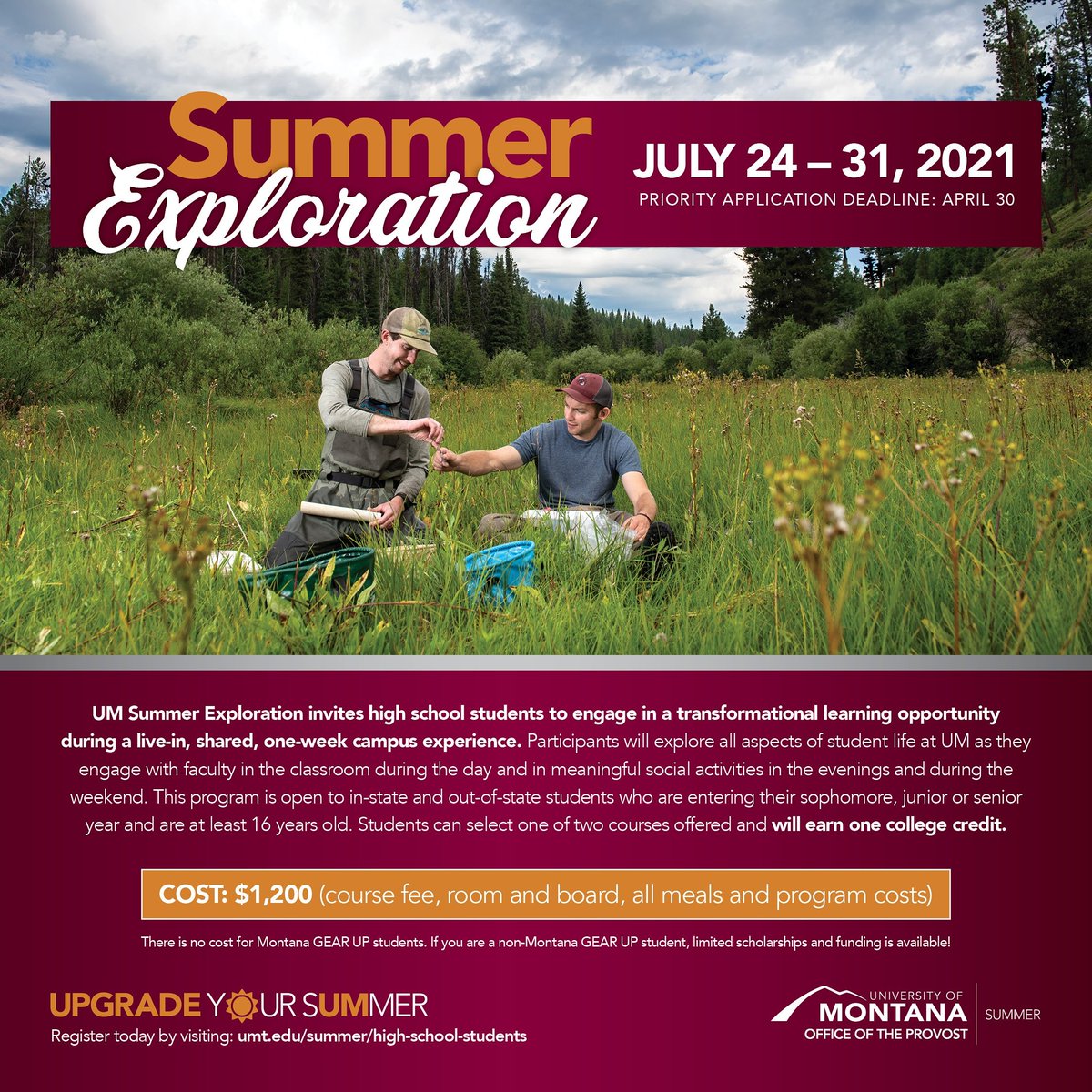 All high school students entering their sophomore, junior or senior year are invited to join as we welcome back our Summer Exploration program. You can register today by visiting umt.edu/summer/high-sc…. #universityofmontana