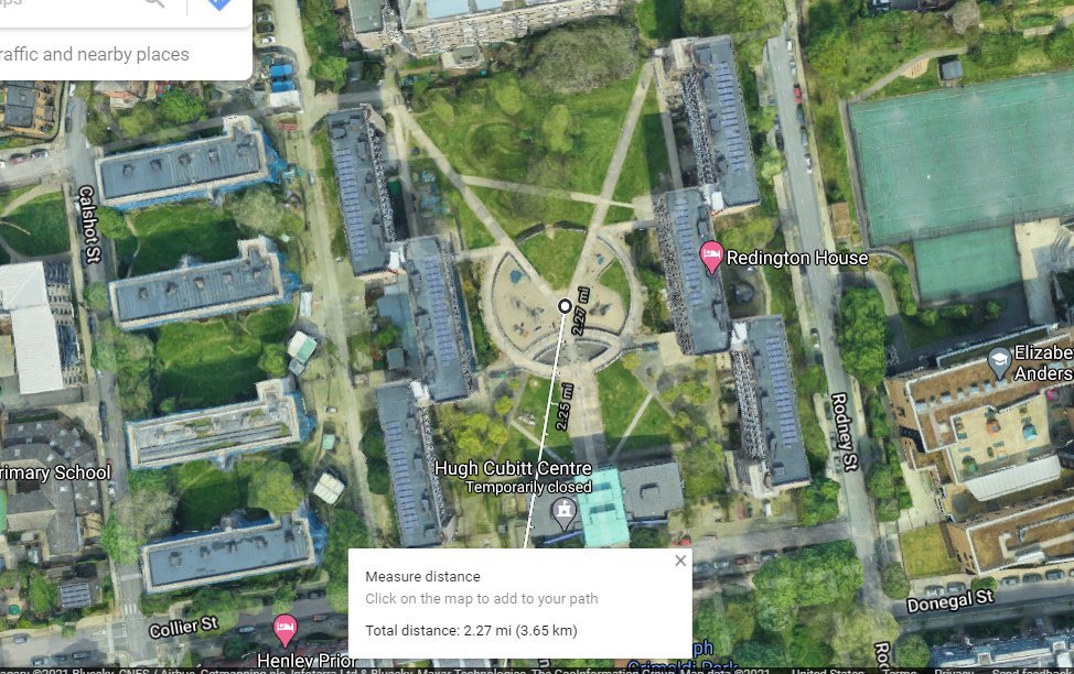 FROM the Big Ben Clock Tower @ 51.5 N latitude TO the middle of this courtyard by the Hugh Cubitt Centre, is exactly 2.27 mi or 3.65 km