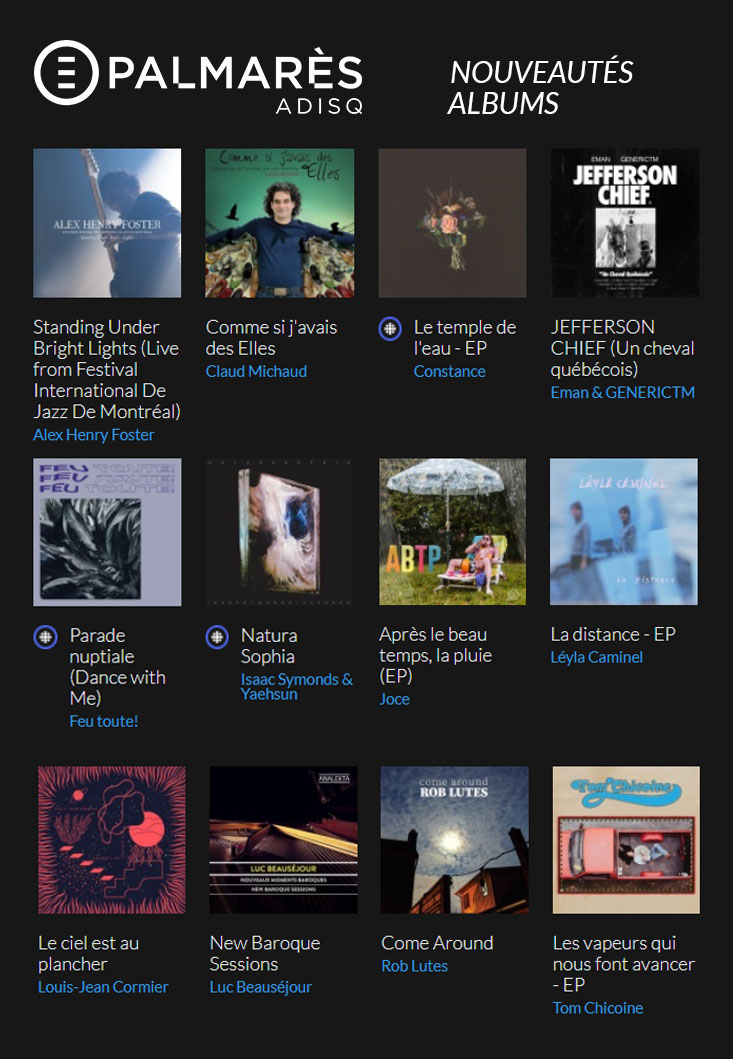 ADISQ_'s tweet photo. Nouveautés albums sur #PalmarèsADISQ  ➡️ https://t.co/POrkOW7mEF

Découvrez les albums d' @umitohanasuhito, @ClaudMichaud1, Constance, @EMAN_lepremier &amp; GENERICTM, Feu toute!, @isaacsymonds &amp; @yaehsun, Joce, Léyla Caminel, @LouisJean_solo, Luc Beauséjour et plusieurs autres! https://t.co/ET2Vn6MC7s