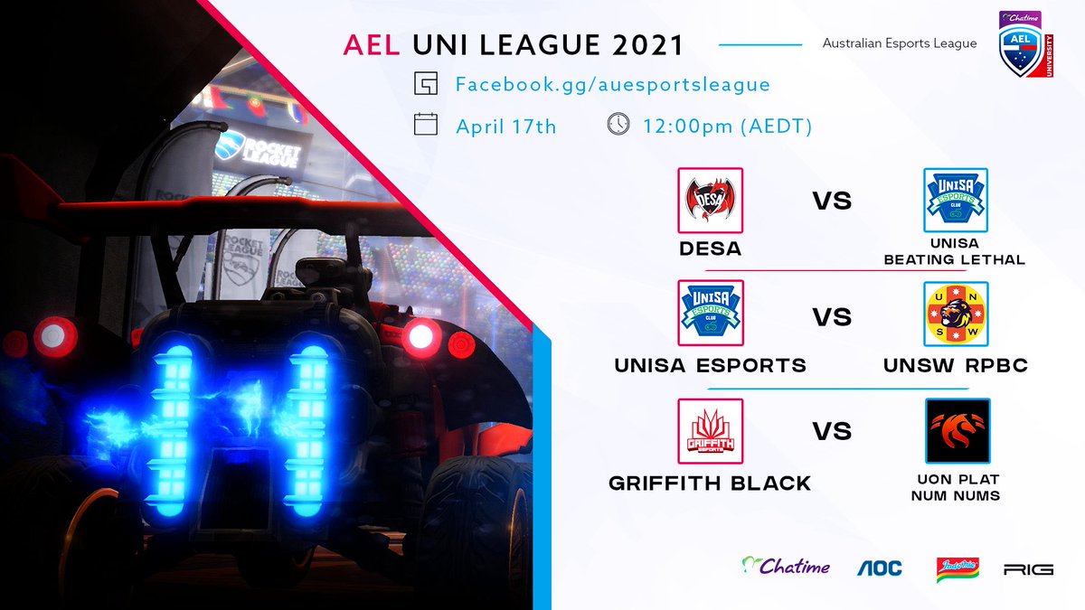 Join <a href="/JrTins_/">JrTins</a> for more Rocket League action in the #AELUni Cup featuring:

▶️<a href="/deakin_esports/">Deakin eSports Association</a> vs <a href="/UniSAEsports/">UniSA Esports</a> Beating Lethal 
▶️UniSA Esports vs @UNSW_Esports RPBC
▶️<a href="/GriffithEsports/">Griffith Esports</a> Black vs @UoN_EC Plat Num Nums!

📺facebook.gg/auesportsleague
🗓️April 17th
⏰12:00pm (AEST)