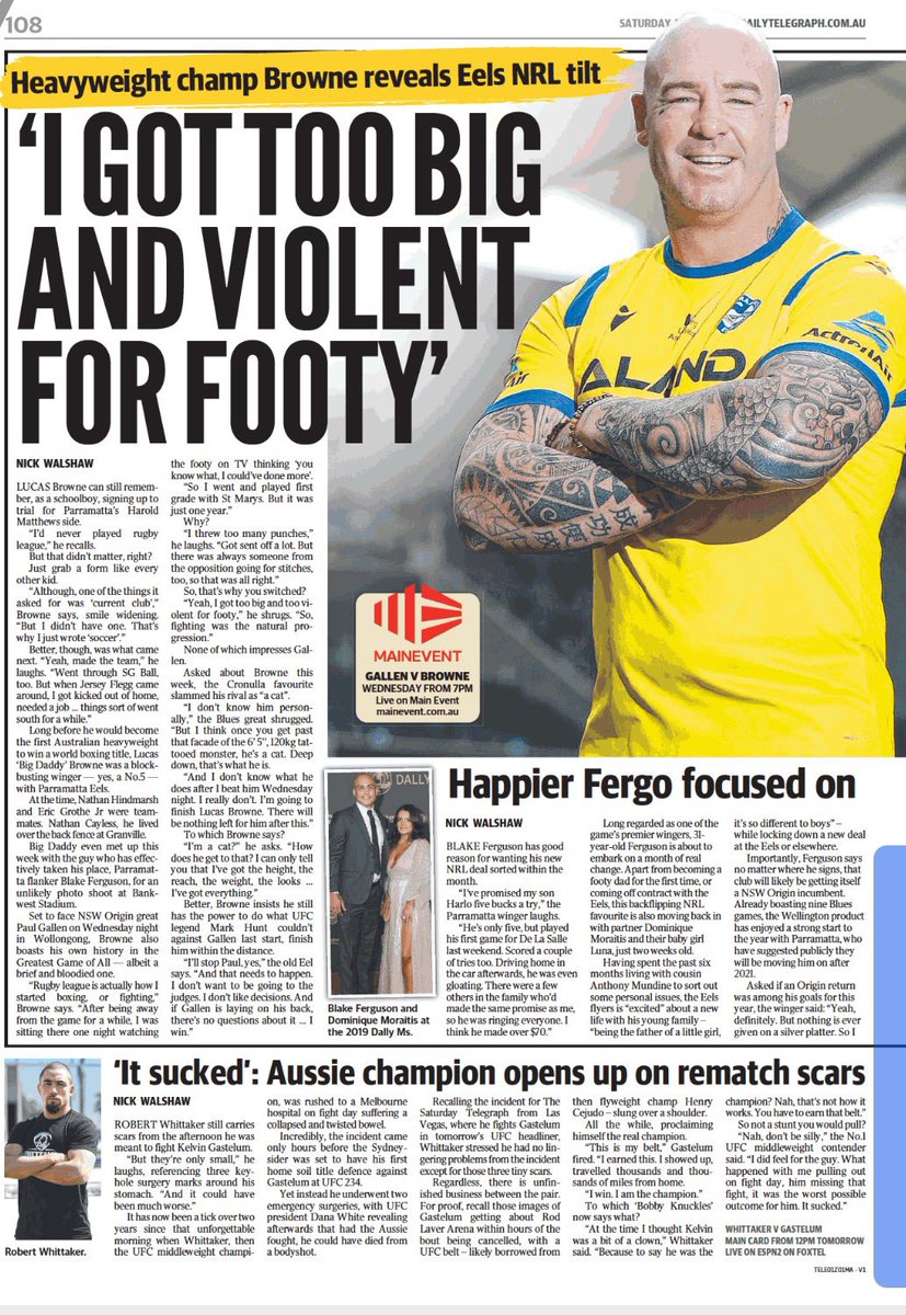 Lucas Browne (@lucasbrowne) on Twitter photo Great to be back in <a href="/TheParraEels/">Parramatta Eels</a> colours once again, even if only very briefly. Had a great time meeting @Fergyferg4. Rip in tonight boys. #parradise #GallenBrowne Great to be back in <a href="/TheParraEels/">Parramatta Eels</a> colours once again, even if only very briefly. Had a great time meeting @Fergyferg4. Rip in tonight boys. #parradise #GallenBrowne