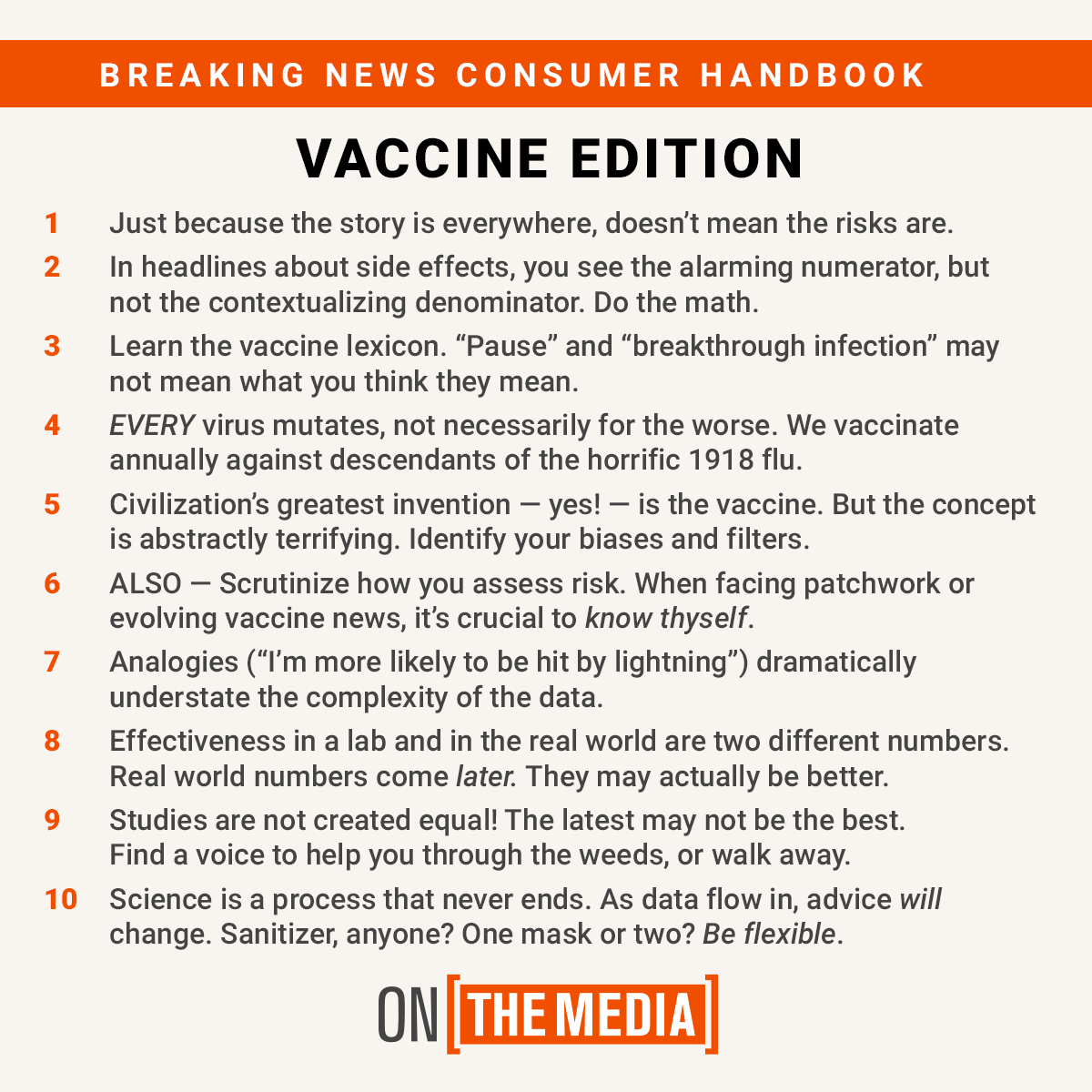 onthemedia's tweet photo. It’s back! This week, we present the Breaking News Consumer’s Handbook: Vaccine Edition.
https://t.co/AZ08DJ9Uh7 https://t.co/gSQtjB4FYA