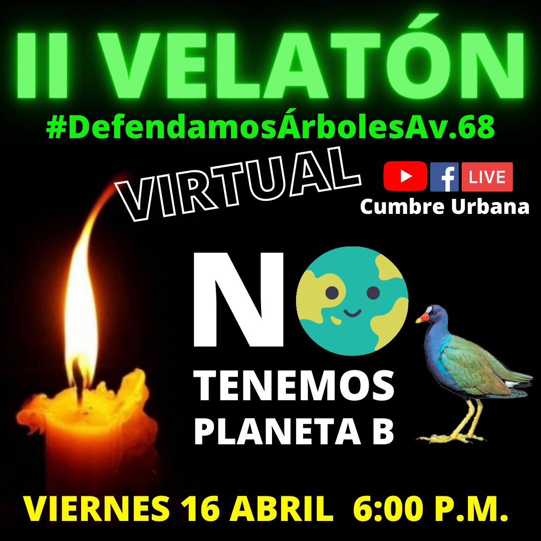 ¡¡¡Les invitamos a la Velatón virtual por la defensa de los árboles de la Avenida 68 vía Facebook Live en la página de Cumbre Urbana!!!🙌🇨🇴
facebook.com/46435609040679…
 
También les invitamos a tomarse una foto con una vela y un cartel y publíquenla con el #DefendamosArbolesAv68 ✊