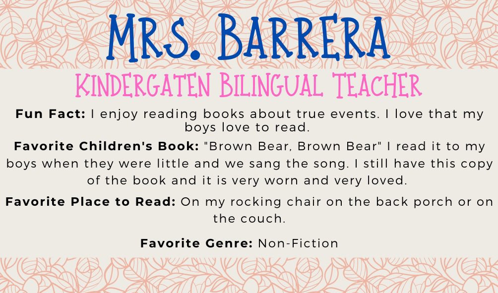 PatlanES's tweet photo. Happy Friday🥳! Today’s Library Featured Faculty is one of our Kindergarten teachers, Mrs. Barrera! She’s been in education for 17 years and loves to garden! #PatlanFaces https://t.co/nbXq5mEvPu