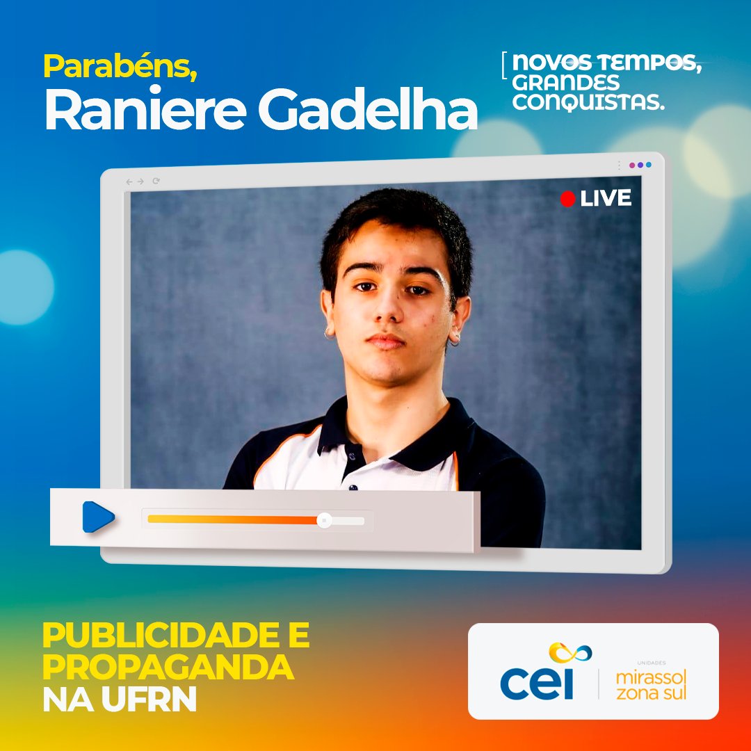 CeiZonaSul's tweet photo. Raniere, você é Orgulho CEI! 😍 Parabéns pela conquista na UFRN no curso de Publicidade e Propaganda. ❣ É só comemorar! https://t.co/AKgKdj0tnB