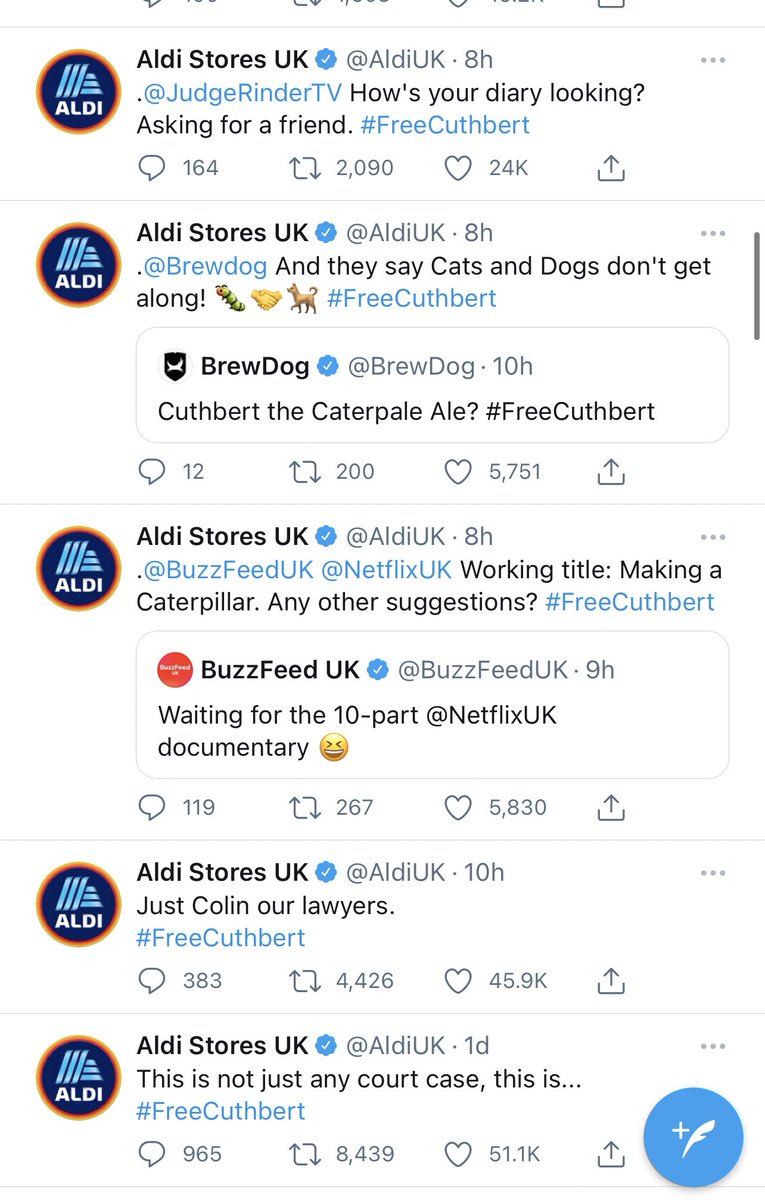 riayasminn's tweet photo. Soooo Aldi are being sued by M&amp;S for their Cuthbert the Caterpillar cake, but pls die with me because whoever runs Aldi social media needs a heavy promotion, they got bants😭 https://t.co/BVTyuMh5q2