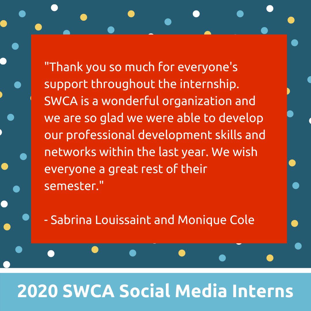 SWCA_WC's tweet photo. That's a wrap! Today, we celebrate Sabrina and Monique for completing their SWCA Social Media internship! Way to go, ladies! Be on the lookout for new content later this summer. 👀 #FeatureFriday https://t.co/sMGgBgsU4Z