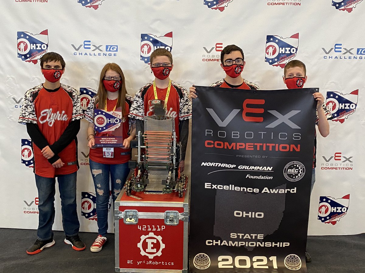 ElyriaRobotics's tweet photo. Ohio @VEXRobotics Middle School Excellence winners!  42111P The Quaranteens. Congrats to all our students on making it to the elimination tournament. 42111P,E,C and 42110B https://t.co/AynEbW9m73