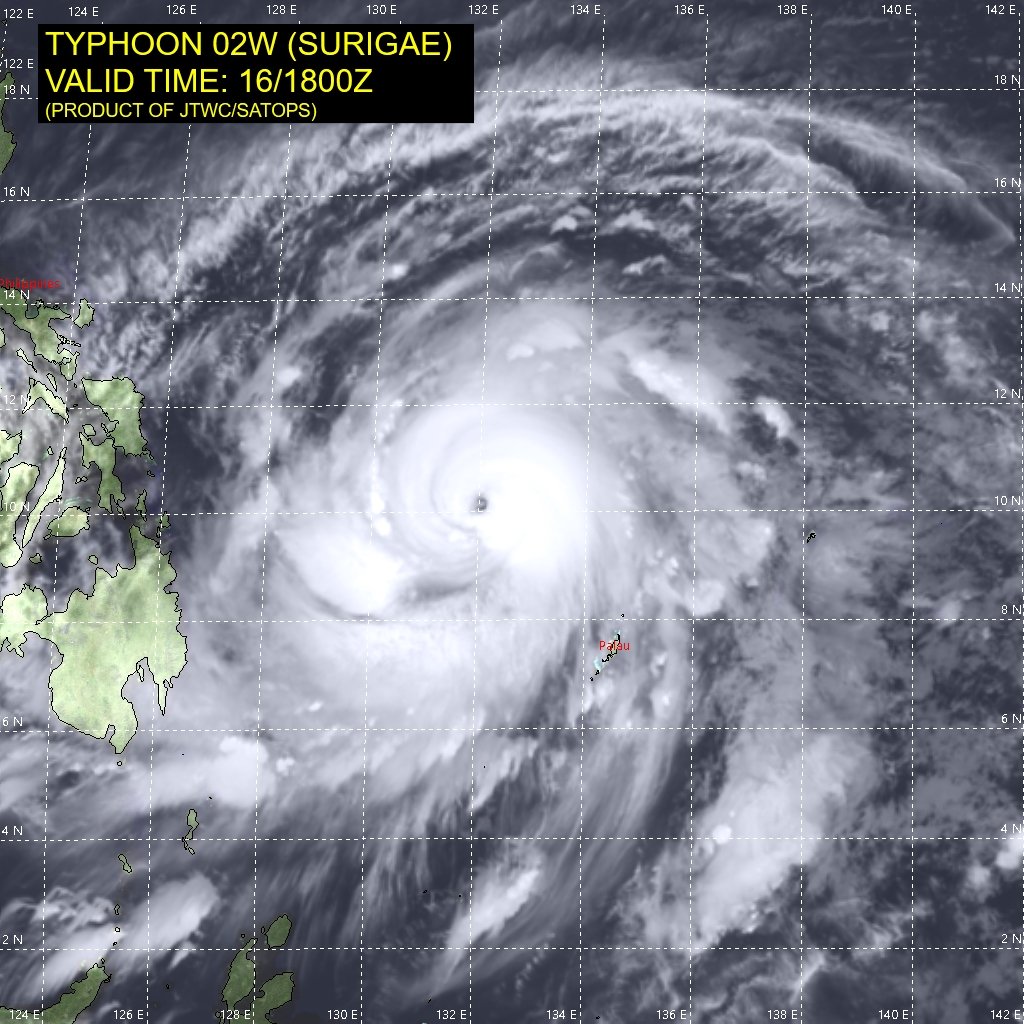 In news from other parts of the globe, the first Typhoon in the Pacific of 2021 emerged east of the Philippines. It's named Typhoon Surigae and is the equivalent of a Category 4 Hurricane at this time.  Further intensification is forecast with 125 kt winds forecast at its peak.