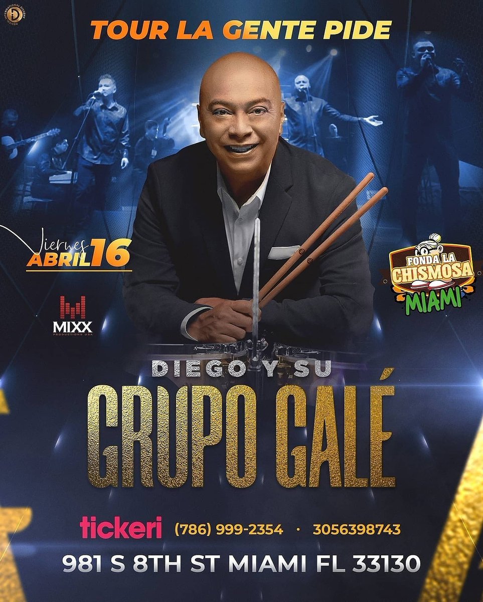 grupogale's tweet photo. Mi gente de la Florida los esperamos hoy y mañana en nuestro #TourLaGentePide:
🔵 Viernes 16 de Abril
- Miami: @fondalachismosa_miami
🔵 Sábado 17 de Abril
 - West Palm Beach: @girafassportgrill
Vamos a disfrutar con nuestro público todos nuestros éxitos. 🎶 https://t.co/Ia6O6EEuur