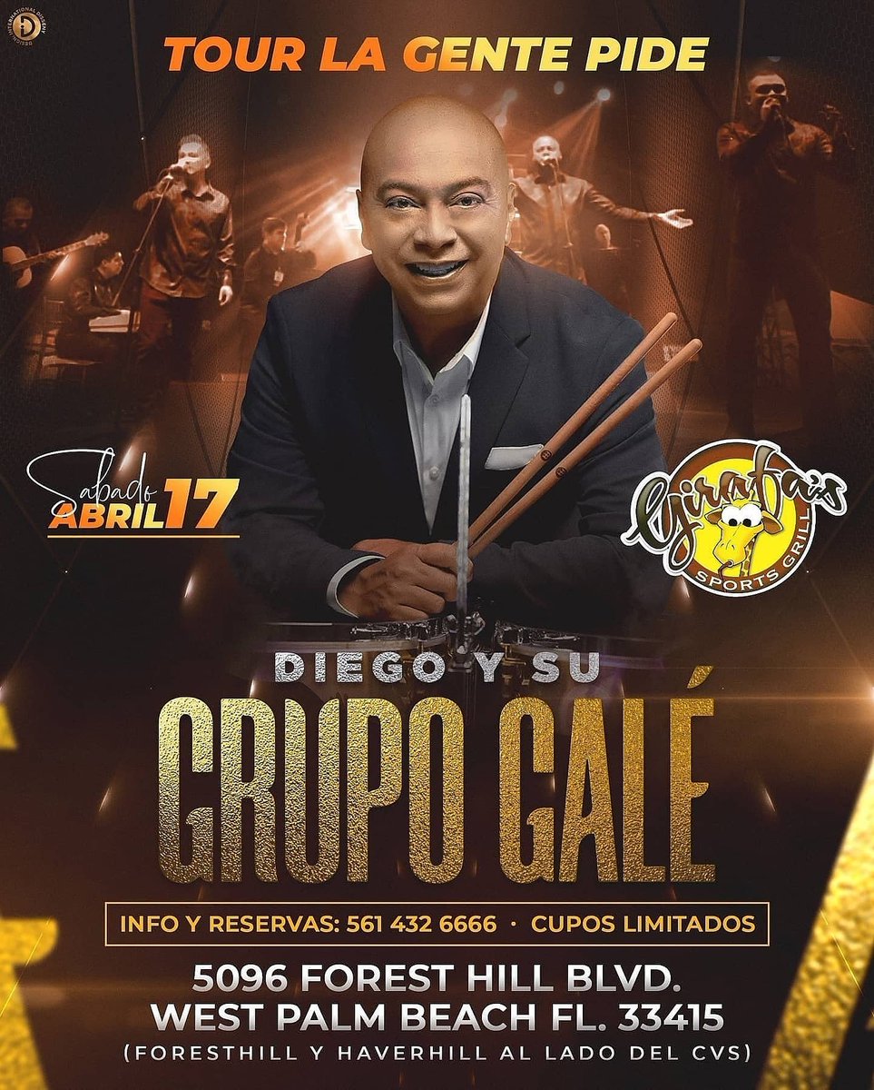 grupogale's tweet photo. Mi gente de la Florida los esperamos hoy y mañana en nuestro #TourLaGentePide:
🔵 Viernes 16 de Abril
- Miami: @fondalachismosa_miami
🔵 Sábado 17 de Abril
 - West Palm Beach: @girafassportgrill
Vamos a disfrutar con nuestro público todos nuestros éxitos. 🎶 https://t.co/Ia6O6EEuur
