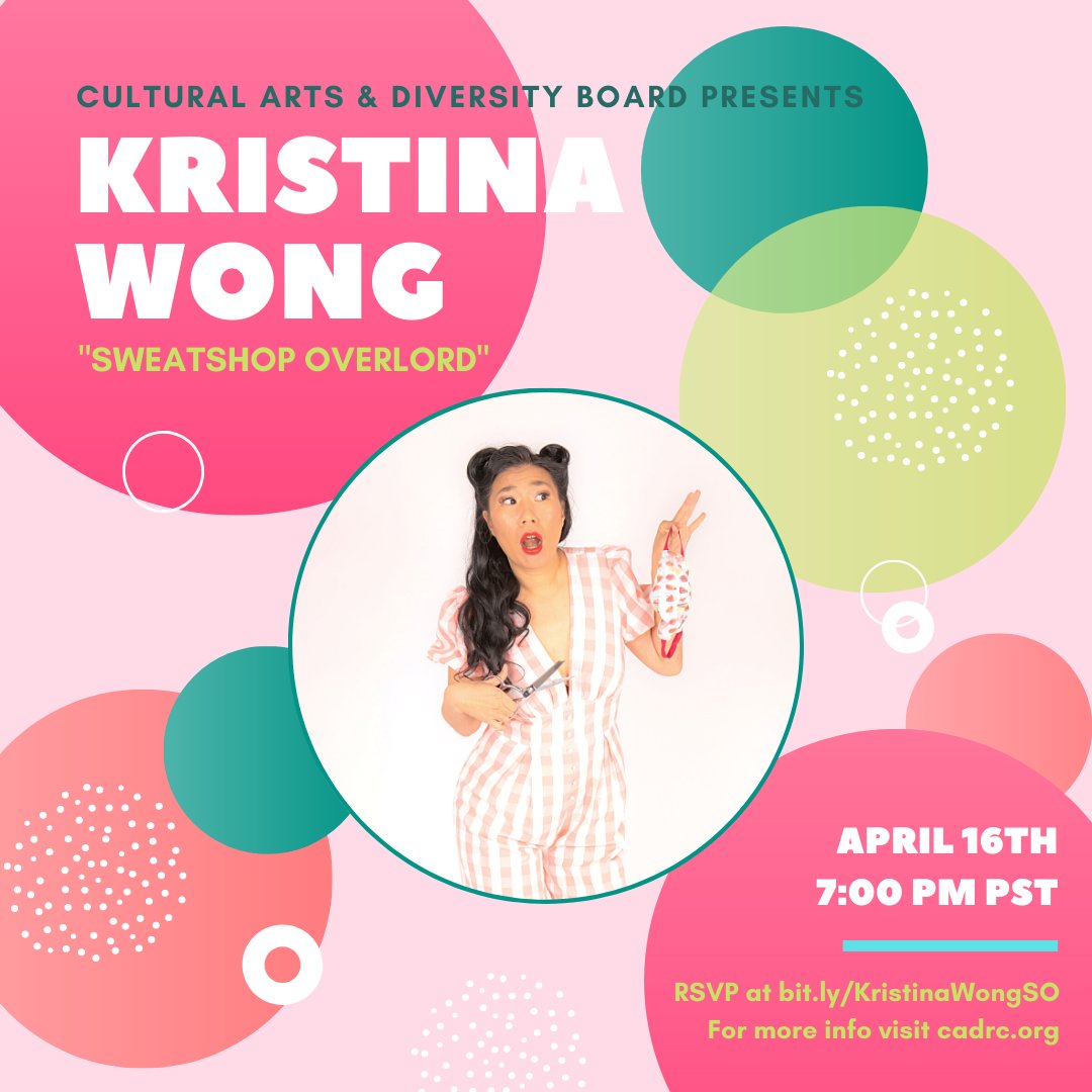 CADrc_UCSC's tweet photo. Streaming tonight! 
CADRC is proud to present the hilarious Kristina Wong in her latest political comedy, "Sweatshop Overlord"! 👑🧵

Friday, April 16th, 7-8:30PM PST
Register for the Zoom webinar with the link in bio!
For more information, visit https://t.co/ZXh5GUskaK! https://t.co/BUfMb8OzJ6