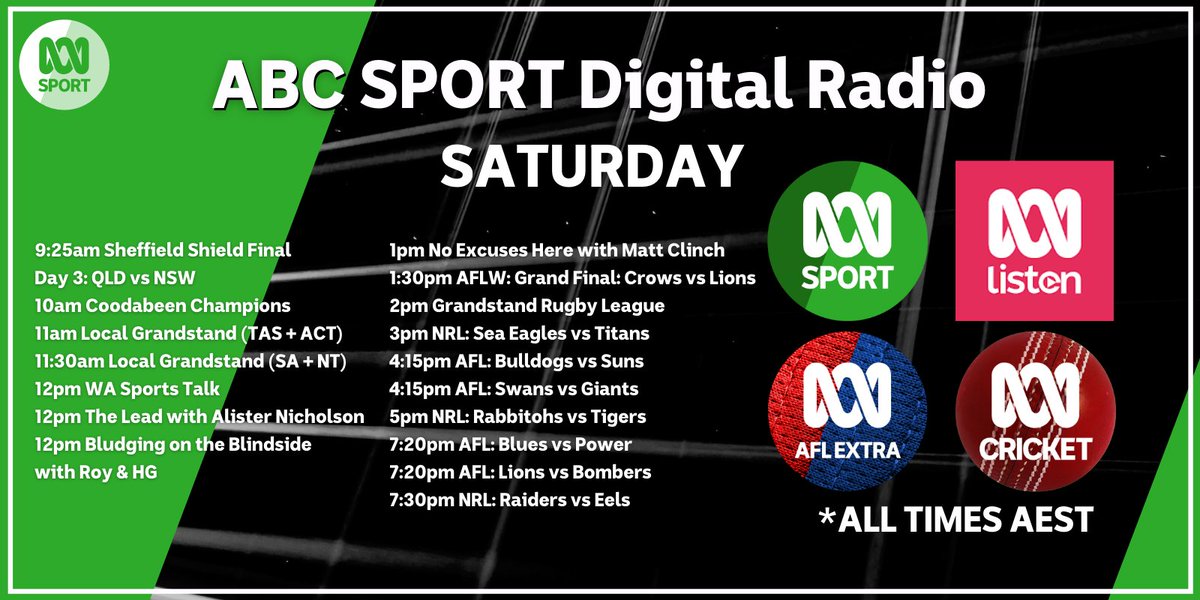 Bryde igennem Elendig når som helst ABC SPORT on X: "📻🎙️ A big schedule of sport coming up today including  @aflwomens, #SheffieldShield, local Grandstand, @Coodabeens, Roy &amp;  @hg_nelson, @NRL, @AFL and more! 🚨📱 Join us on ABC Radio,