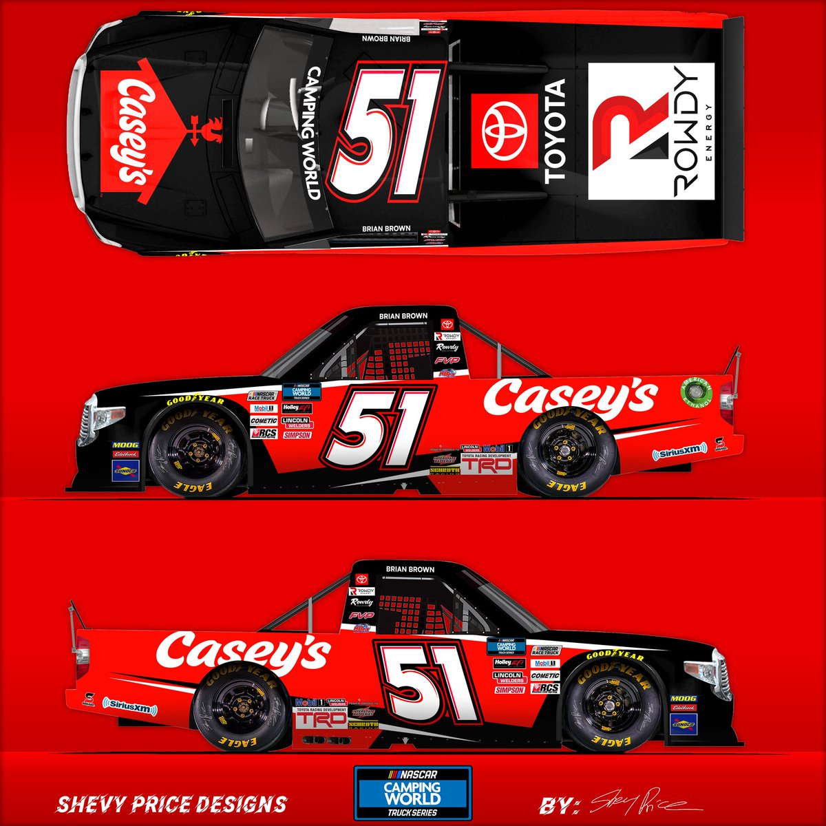 S_PRICE_DESIGNS's tweet photo. 2021 @BrianBrown21 @caseysgenstore paint scheme concept. @KBMteam @NASCAR #NASCAR #Racing #motorsports #toyota #tundra #truck #PaintScheme #FridayVibes #sports #CaseysGeneralStore #caseys #store #FVP #RowdyEnergy #energy #drink #BrianBrown #KyleBuschMotorsports #TruckSeries https://t.co/X72nZsexGC