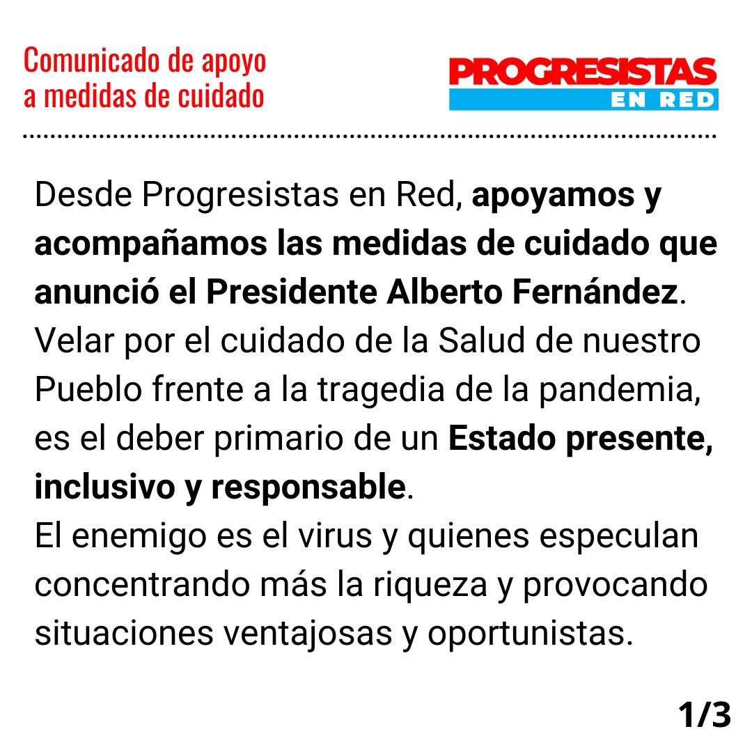 ProgresistasR's tweet photo. Desde #ProgresistasEnRed, acompañamos las medidas de cuidado que anunció @alferdez y repudiamos cualquier expresión desestabilizadora. También bregamos para que se #LiberenLasVacunas en todo el mundo. Compartimos comunicado 👇👇
https://t.co/nbsfU8i56N https://t.co/Tpt43c1ran