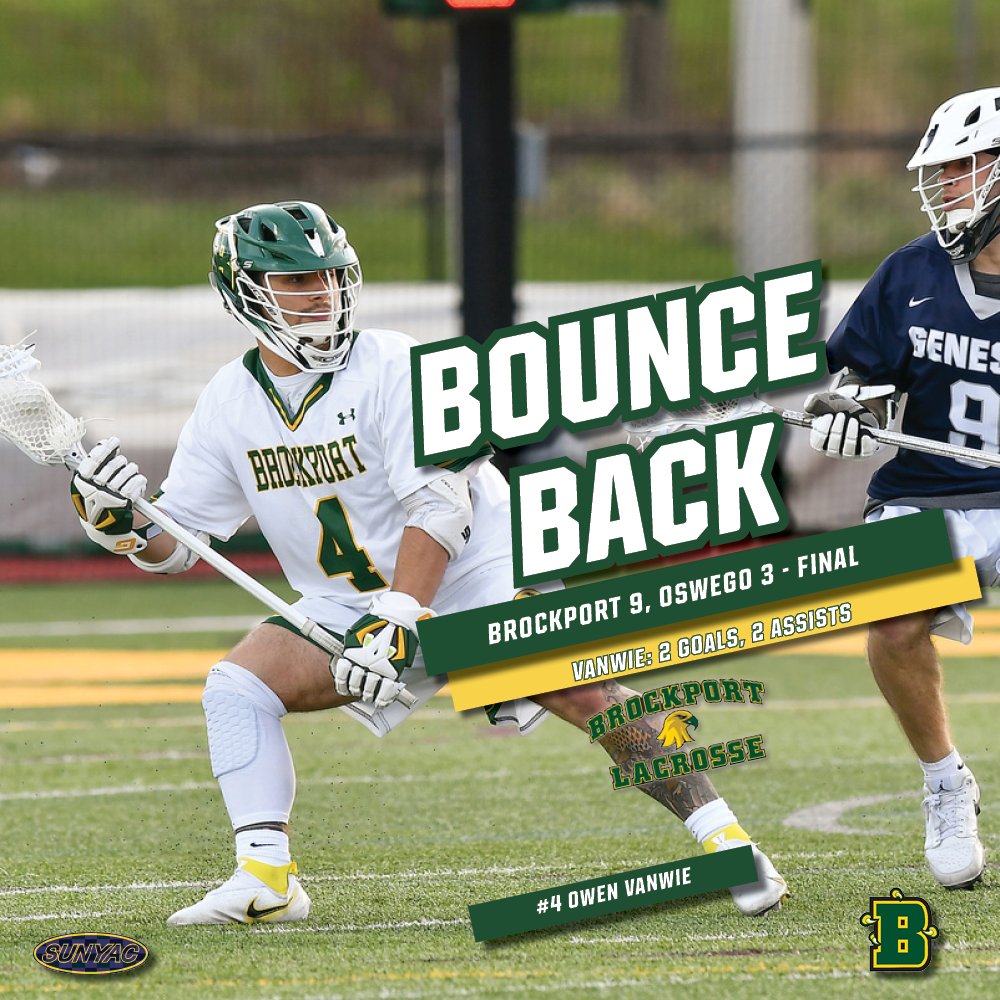 Brockport Athletics (@bportathletics) on Twitter photo Put this one in the W column!!!
<a href="/BportMLax/">Brockport Lacrosse</a> takes down Oswego 9-3 on the road💪💪
Owen VanWie with2⃣goals➕2⃣assists = a season high4⃣points
Golden Eagles improve to 2-2 in SUNYAC play!
#TalonsUp 🦅 Put this one in the W column!!!
<a href="/BportMLax/">Brockport Lacrosse</a> takes down Oswego 9-3 on the road💪💪
Owen VanWie with2⃣goals➕2⃣assists = a season high4⃣points
Golden Eagles improve to 2-2 in SUNYAC play!
#TalonsUp 🦅