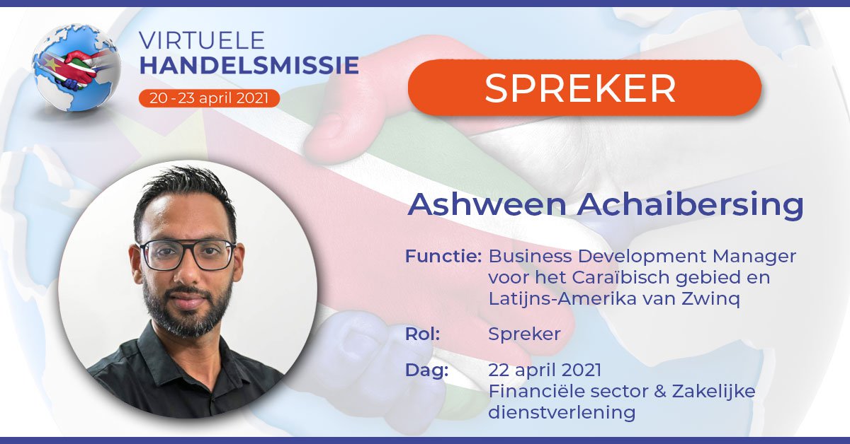 Een van de sprekers op de 3e dag van de Virtuele Handelsmissie, Ashween Achaibersing.

Lees over ons programma op onze website handelsmissie.sr

#virtuelehandelsmissie #virtualevent #Nederland #Suriname