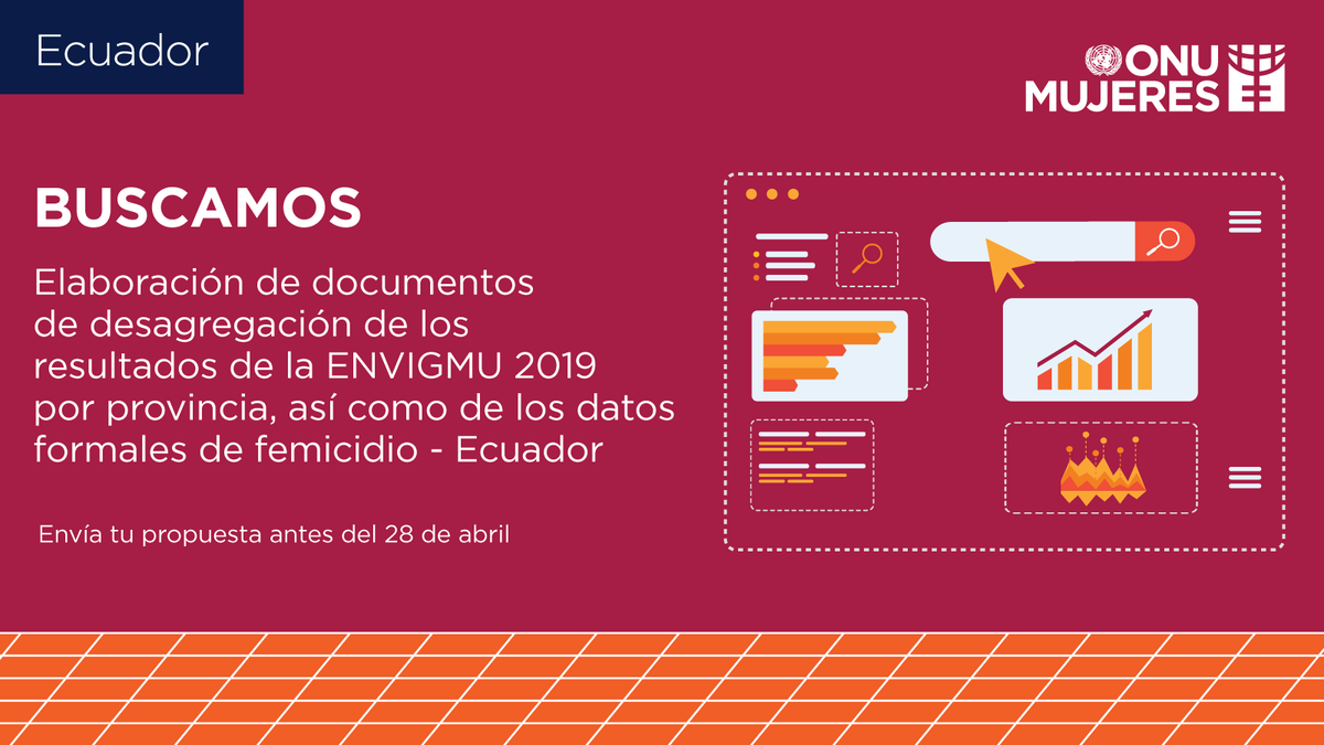 onumujeresEcu's tweet photo. 📢 CONVOCATORIA
Elaboración de documentos de desagregación de los resultados de la ENVIGMU 2019 por provincia, así como de los datos formales de femicidio - Ecuador
Fecha límite: 28 de abril de 2021

Más información👉🏾 https://t.co/mgycVxxMS1 https://t.co/PNbCoEuYJ5