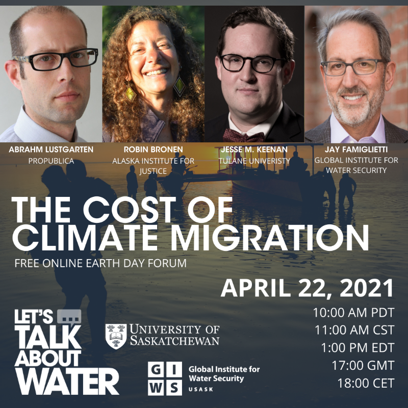 WhatAboutWater_'s tweet photo. This #EarthDay, join us for our global forum dedicated to discussing the cost of climate-induced migration. Registration is free. 

Hosted by @USask_Water's @JayFamiglietti.

Featuring: @AbrahmL, @Jesse_M_Keenan, and @uafairbanks' Robin Bronen