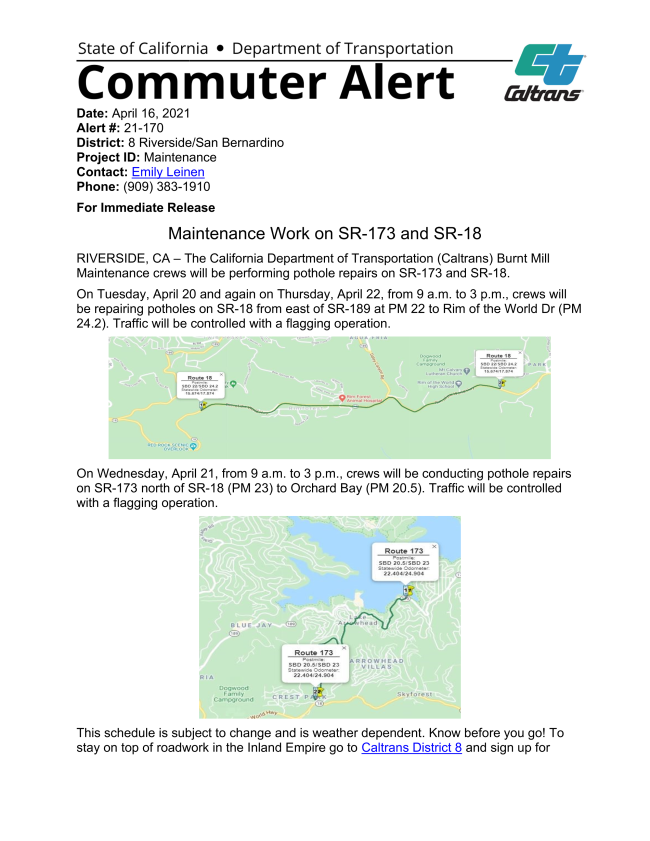 Caltrans8's tweet photo. #LakeArrowhead #BlueJay and #RimForest areas! Work will occur on the 173 and 18 for pothole repairs. Traffic will be controlled by flaggers. Be sure to plan ahead to avoid delays! #Caltrans8 https://t.co/mibdVuC1RI