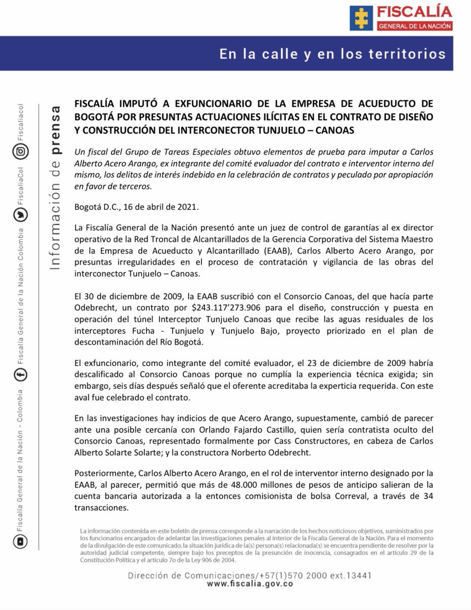 Fiscalia Colombia On Twitter Atencion Fiscalia Presento Ante Un Juez Con Funciones De Control De Garantias A Exfuncionario De La Empresa De Acueducto De Bogota Por Presuntas Actuaciones Ilicitas En El
