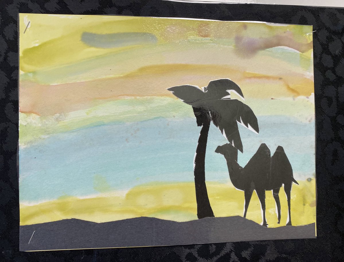 KatlinStrand's tweet photo. These are our Tunisian sunsets! Students used watercolours to paint their sunsets and then traced a date palm tree and a camel on to construction paper. Did you know that part of the Sahara Desert goes through Tunisia? @bigrockbadger @fsd38 https://t.co/cQZDdhY4zB