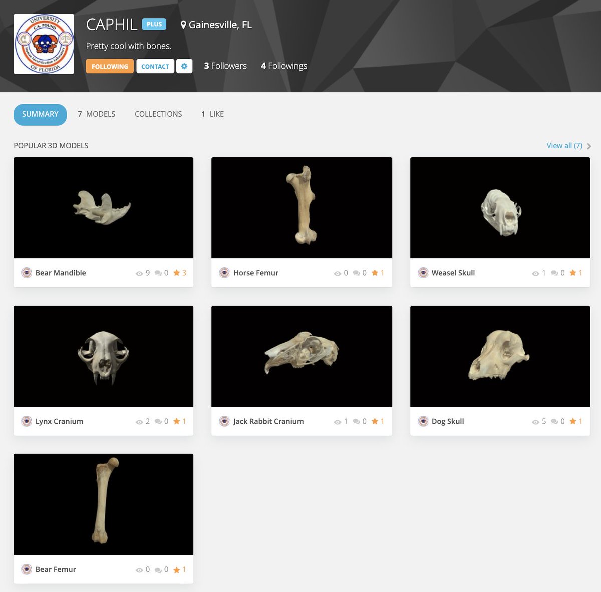 I've started 3D surface scanning the C.A. Pound Human Identification Lab's nonhuman collection, so keep an eye on our @Sketchfab page if you're into 3D animal bones! 💀 💻   Link: sketchfab.com/CAPHIL

#osteology #zooarchaeology #bones #forensicanthropology